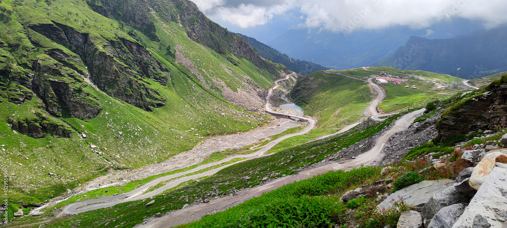 Fototapeta premium Colorful landscape with high Himalayan mountains, green forest, Mountain valley. Travel in himalayas