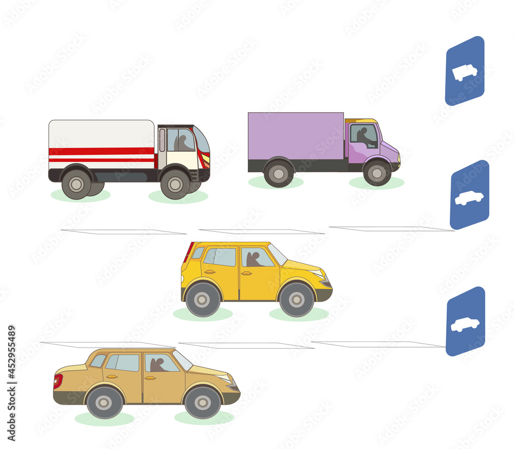 Traffic on lanes for Cargo trucks and Cars according to Signs in Cartoon style, vector vehicles on road lanes on white isolated background, concept of Traffic, Automobiles, Road Signs, Traffic lanes.
