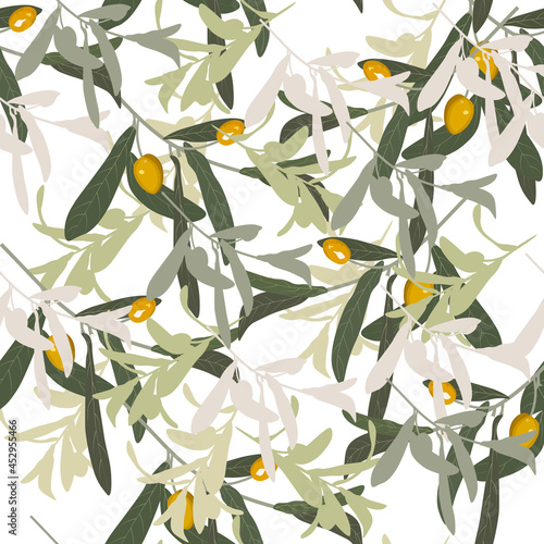 Olive branch with green olives seamless pattern.An endless pattern of green leaves. For wrapping paper. Ideal for wallpaper, surface textures, textiles.