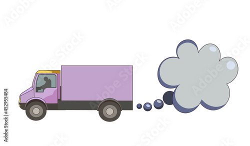 Cargo truck with Exhaust or flue gas as place for text in Cartoon style, Exhaust gas of delivery van as copy space on white isolated background, concept of Environmental Protection, Sustainability.