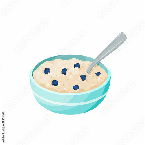 Oatmeal porridge with blueberries in bowl. Healthy breakfast, vegetarian food. Isolated on a white background.