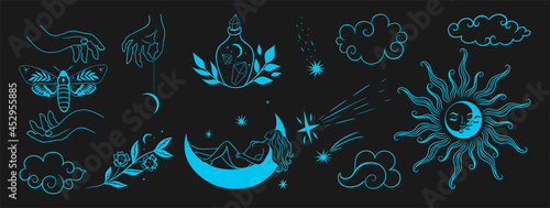 Hand drawn set of celestial bodies and mystic magical elements. Vector graphics.