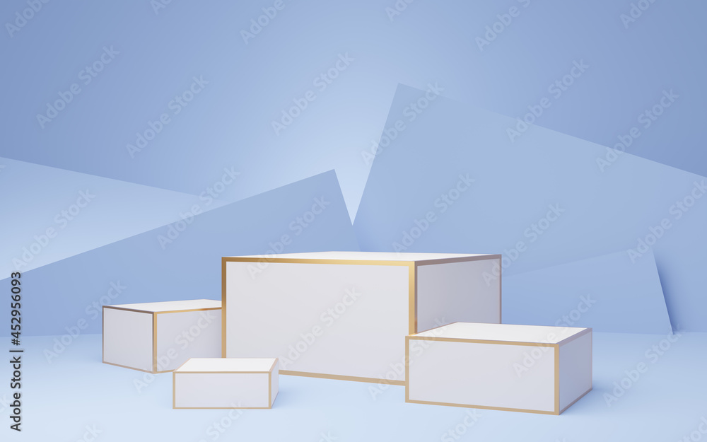 3 Empty white cube podium with gold border against blue pastel wall background. Abstract minimal studio 3d geometric shape object. Mockup space for display of product design. 3d rendering. 3 Empty white cube podium with gold border against blue pastel wall background. Abstract minimal studio 3d geometric shape object. Mockup space for display of product design. 3d rendering.