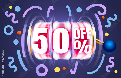 Up To 50 off sale banner, promotion flyer, Slots label. Vector