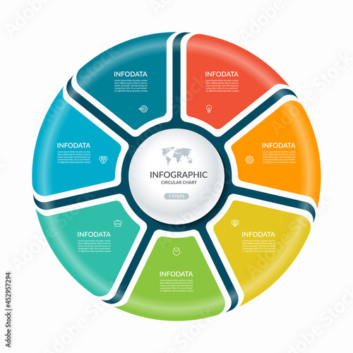 Infographic circle with 7 steps, parts. Vector process chart, cycle diagram for business presentation, report, brochure, web, data visualization.