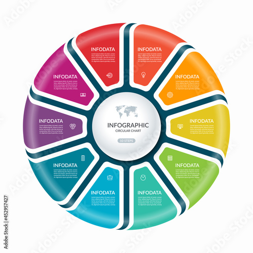 Infographic circle with 10 steps, parts. Vector process chart, cycle diagram for business presentation, report, brochure, web, data visualization.