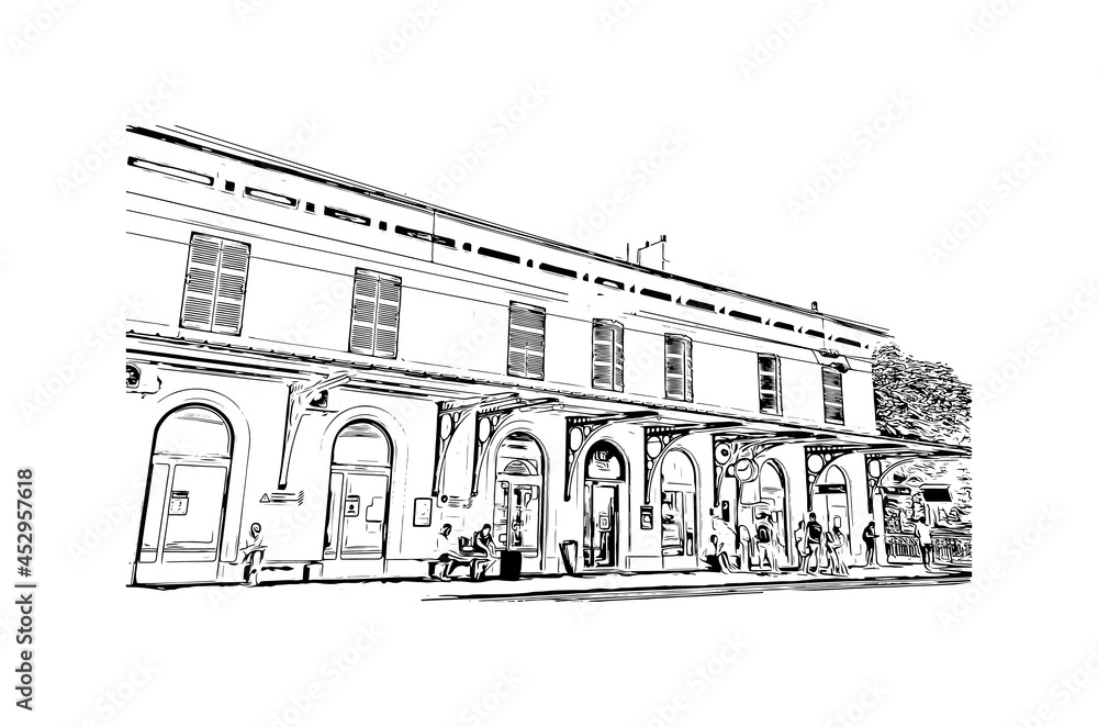 Building view with landmark of La Ciotat is the
commune in France. Hand drawn sketch illustration in vector. Building view with landmark of La Ciotat is the
commune in France. Hand drawn sketch illustration in vector.