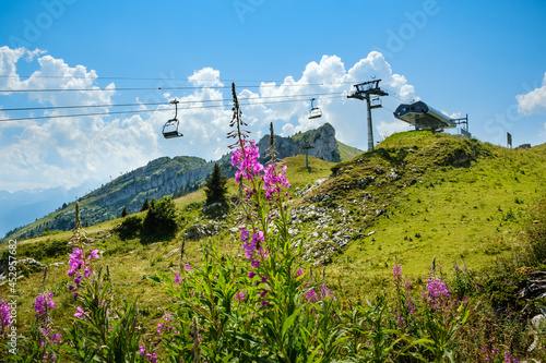 Fototapeta Naklejka Na Ścianę i Meble -  Mountain station of the Tour d'Aï chairlift in Leysin with fresh green alpine meadows in the foreground and the steep cliffs of the mountain peak in the background on a nice day in summer