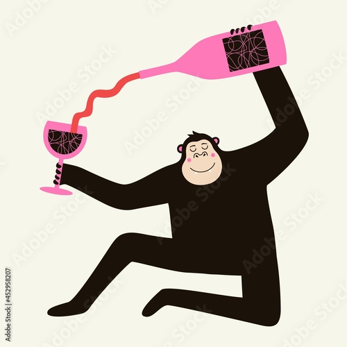 Vector illustration with funny gorilla with bottle and glass of red wine. Trendy print design, party flyer template.