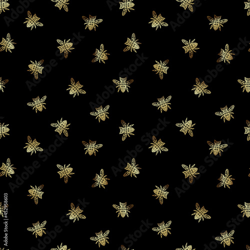 Golden bee geometric drawing vector pattern on black background.