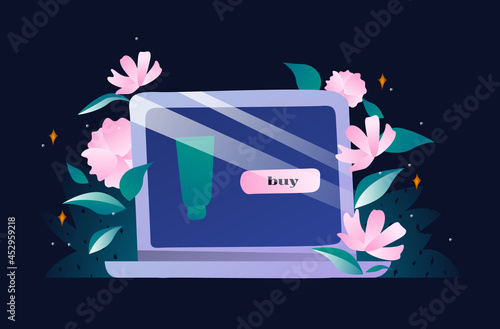 Illustration on a dark background. A laptop with an online beauty and cosmetics store. The buy button. There are leaves and flowers all around. Gradient and color transitions. Glare.