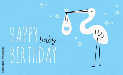 An illustration of a heron or stork on an isolated background. A postcard for the birth of a child. Dusty pastel colors. Modern flat style: spot and line. Scandinavian design. Text happy birthday