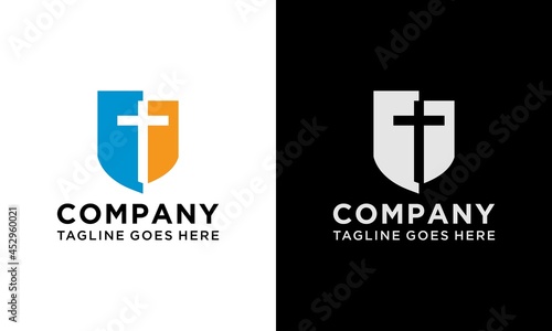 Christian cross and shield. Christian church vector logo. Missionary icon. Religious symbol. Protection, safety, security sign.on a black and white background.