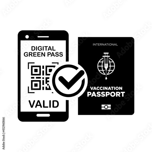 International vaccination passport and digital green pass on smartphone. Vector icons on transparent background