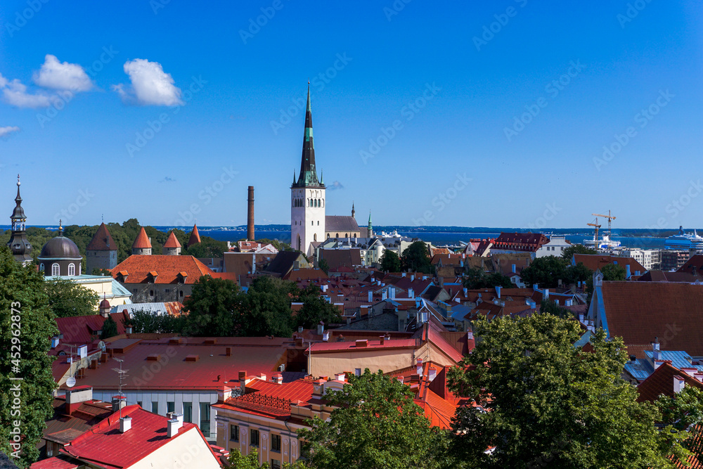 cityscape and skyline of the historic old city center of Tallinn in Estonia