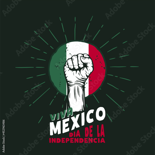 Square Banner illustration of Mexico independence day celebration. Translation: September 16, Long live Mexico, Independence Day! Waving flag and hands clenched. Vector illustration.