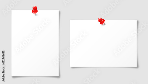 Realistic blank paper sheet in A4 format with red push pin. Notebook page, document. Design template or mockup. Vector illustration.