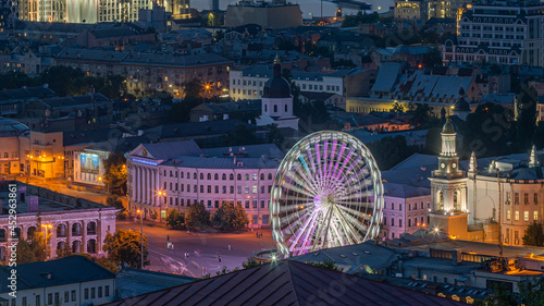 Ukraine, Kiev. Aerial view of Kontraktova Square. Ferris wheel. Sights of Ukraine