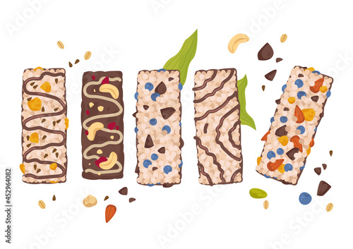 Set of various muesli bars on a white background. A healthy snack on the road for schoolchildren, children and athletes. Vector hand drawn illustration of food in cartoon flat style. Isolated clipart