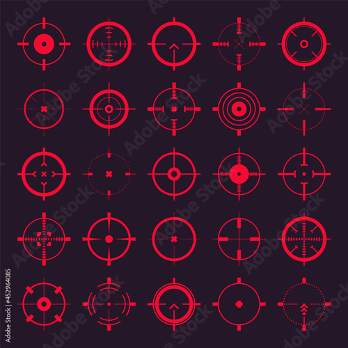 Crosshair, gun sight vector icons. Bullseye, red target or aim symbol. Military rifle scope, shooting mark sign. Targeting, aiming for a shot. Archery, hunting and sports shooting. Game UI element.