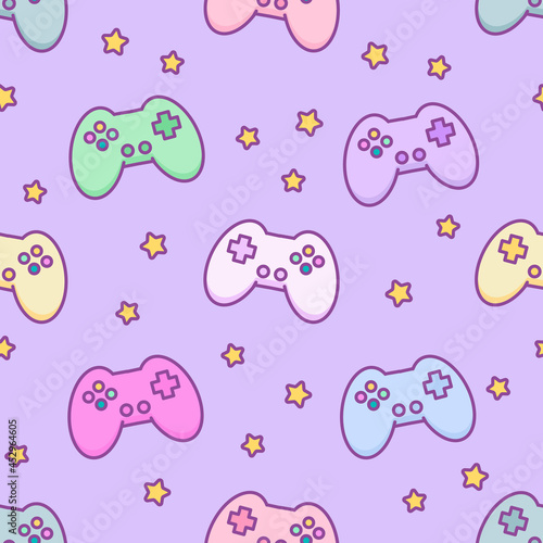 Game cute backdrop with colorful Joystick and stars. Kawaii vector seamless pattern for geek gamer girl or kid in 80s - 90s cartoon line style. Teen gaming print for fabric, wrapping paper, textile