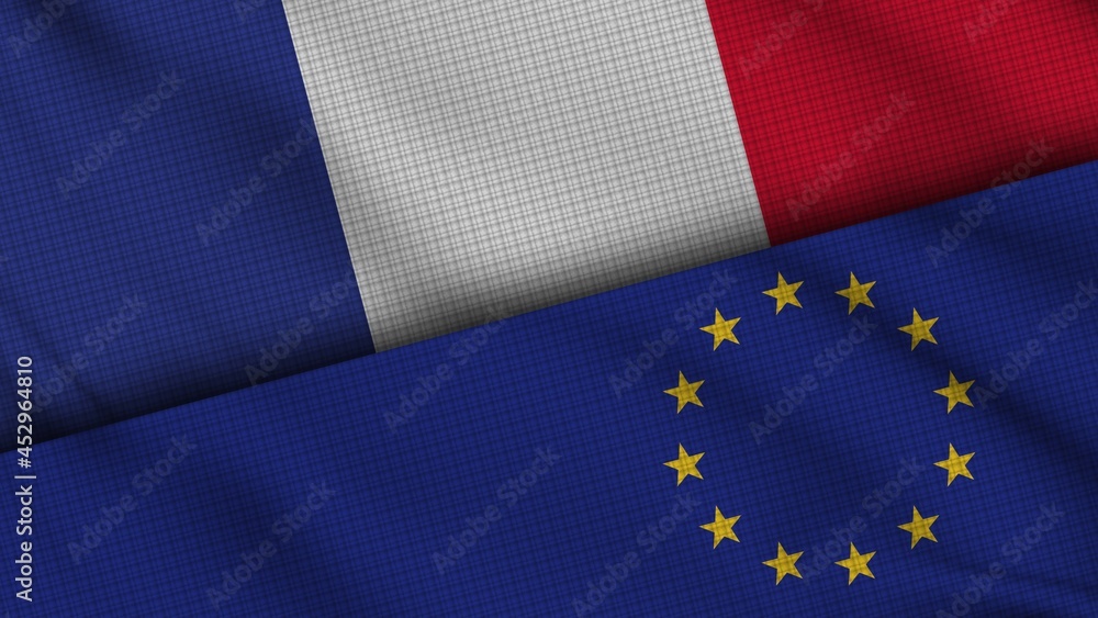 France and European Union Flags Together, Wavy Fabric, Breaking News, Political Diplomacy Crisis Concept, 3D Illustration France and European Union Flags Together, Wavy Fabric, Breaking News, Political Diplomacy Crisis Concept, 3D Illustration