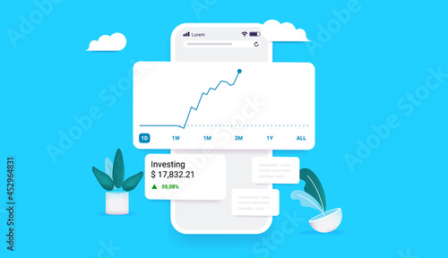 Investing and trading app on smartphone - Profitable investment online concept with graphs and stock market data on device screen. Vector illustration with blue background
