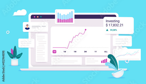 Investing online - Investment webpage on laptop computer with user interface, and charts showing profits. Profitable stock market trading concept. Vector illustration