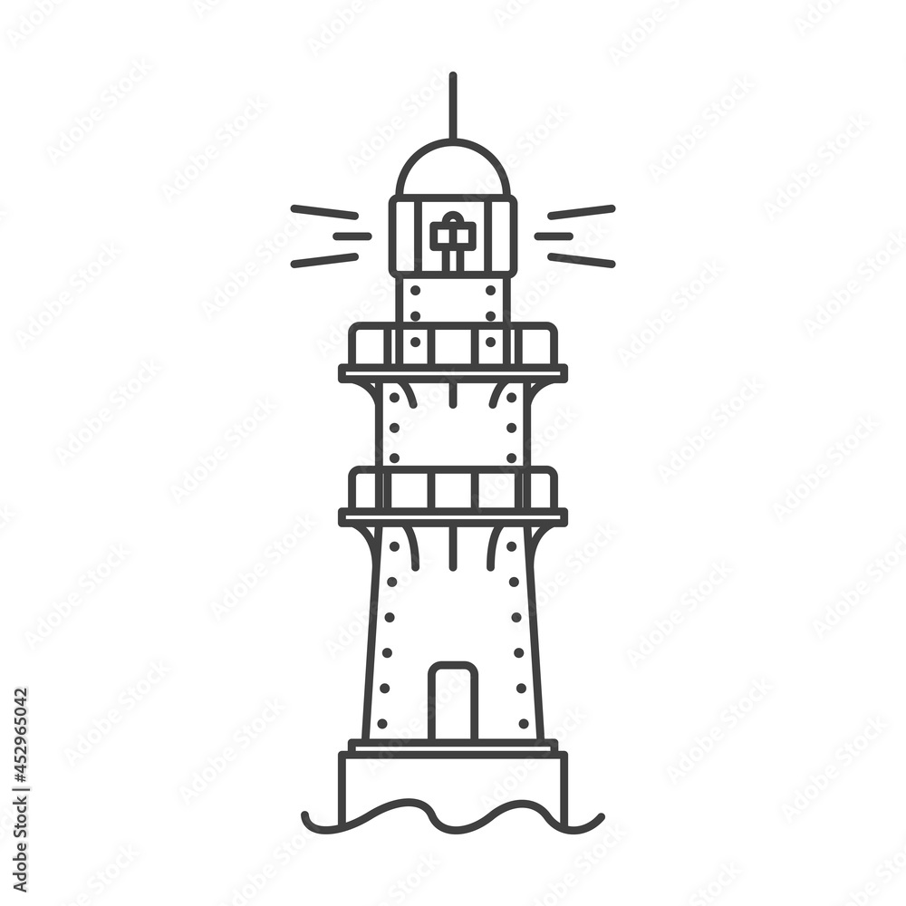 Lighthouse icon. A simple line drawing of a coastal structure that serves as a reference point for ships. The metal frame of the building. Vector.