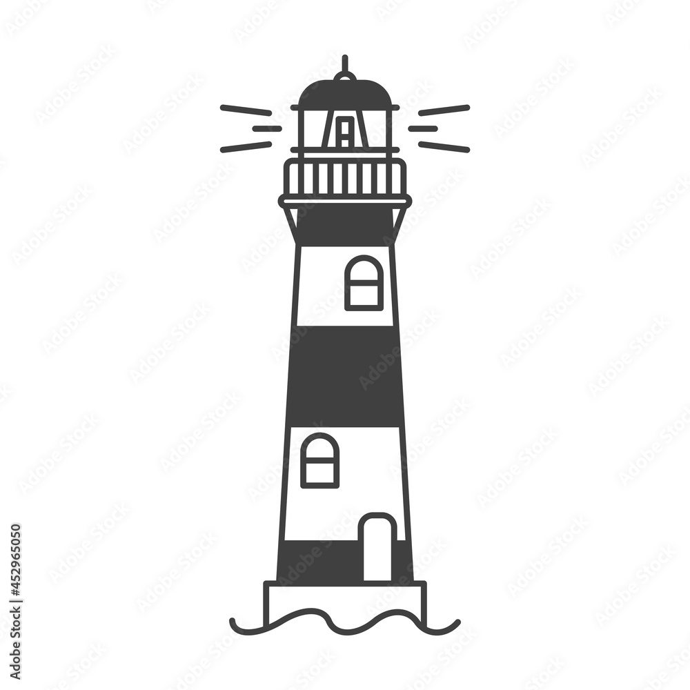 Lighthouse icon. A simple line drawing of a coastal structure that serves as a reference point for ships. Alternating colors in a circle. Vector.