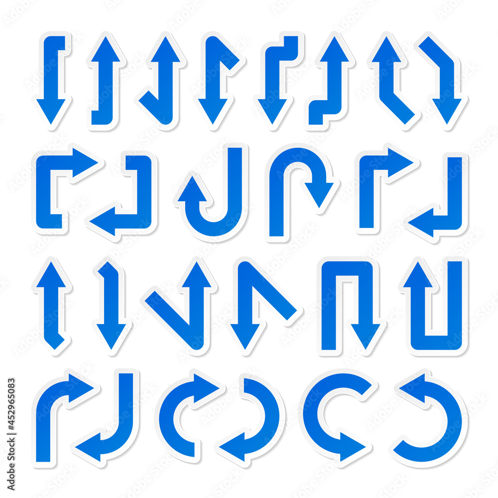 Colorful arrow stickers set. Blue pointers collection. Simple arrows in different shapes. Direction signs. Vector illustration. Colorful arrow stickers set. Blue pointers collection. Simple arrows in different shapes. Direction signs. Vector illustration.