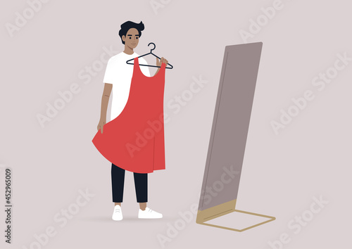 A young male character trying a dress in a fitting room, fashion industry and gender identity, cross dressing