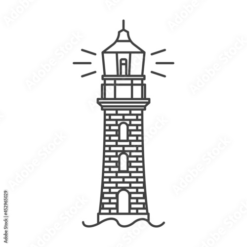 Lighthouse icon. A simple line drawing of a coastal structure that serves as a reference point for ships. Building frame made of exposed masonry. Vector.