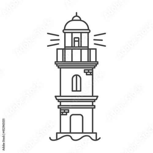 Lighthouse icon. A simple line drawing of a coastal structure that serves as a reference point for ships. A dilapidated building with exposed bricks. Vector.