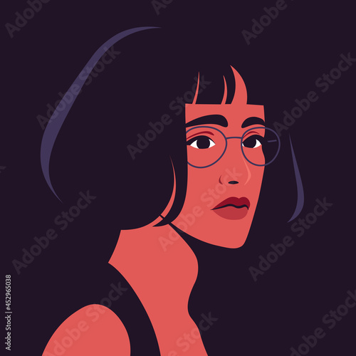 Portrait of a sad young woman in half turn with eyeglasses. Depression. Avatar for social networks. Vector illustration in flat style.