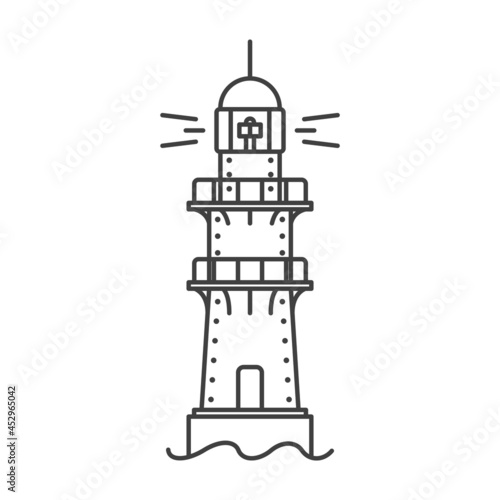 Lighthouse icon. A simple line drawing of a coastal structure that serves as a reference point for ships. The metal frame of the building. Vector.