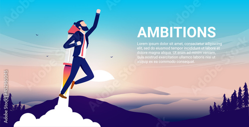 Business ambition vector illustration with businessman flying jetpack upwards and nature landscape in background. Copy space for text