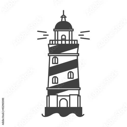 Lighthouse icon. A simple line drawing of a coastal structure that serves as a reference point for ships. Spiral coloring in a circle. Vector.