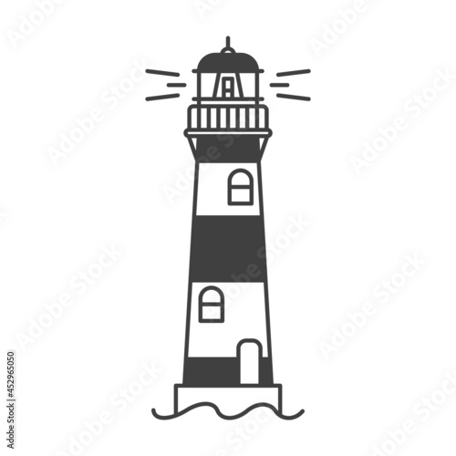 Lighthouse icon. A simple line drawing of a coastal structure that serves as a reference point for ships. Alternating colors in a circle. Vector.
