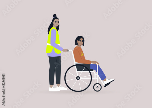 An airport staff member assisting a passenger in a wheelchair, inclusivity in daily life