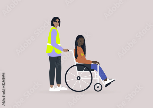An airport staff member assisting a passenger in a wheelchair, inclusivity in daily life