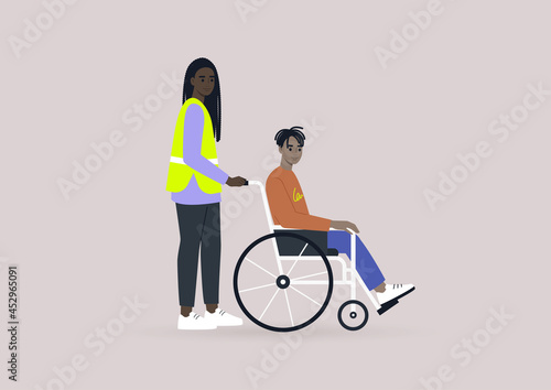 An airport staff member assisting a passenger in a wheelchair, inclusivity in daily life