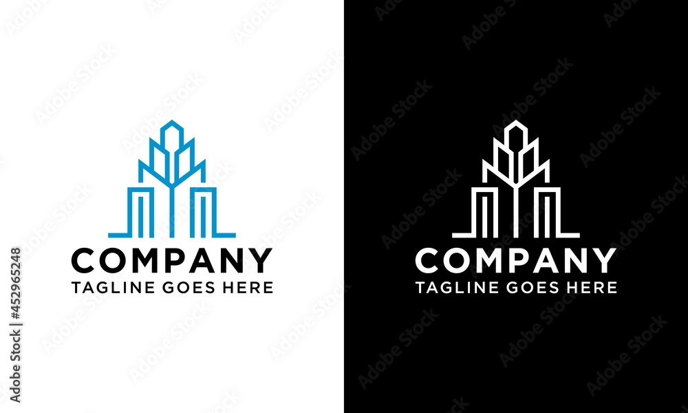 Line Building Real Estate Logo Template Illustration Design.on a black and white background.