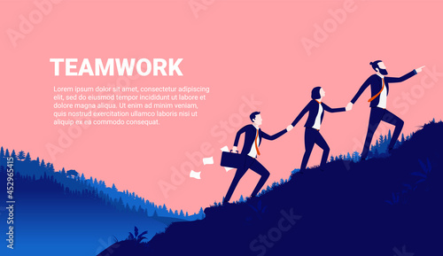 Teamwork illustration - Businesspeople working in team to get up hill to the top. Copy space for text. Motivational and aspirational concept. Vector format.