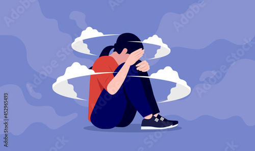 Girl with anxiety - Vector illustration of woman sitting on floor feeling anxious and depressed. Female mental health concept