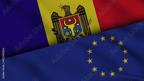 Moldova and European Union Flags Together, Wavy Fabric, Breaking News, Political Diplomacy Crisis Concept, 3D Illustration