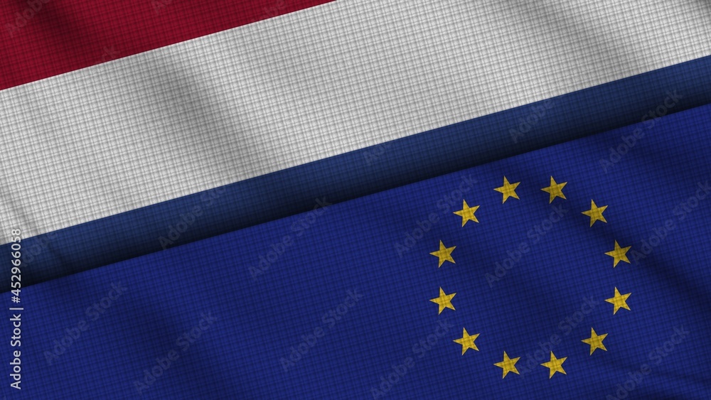 Netherlands and European Union Flags Together, Wavy Fabric, Breaking News, Political Diplomacy Crisis Concept, 3D Illustration Netherlands and European Union Flags Together, Wavy Fabric, Breaking News, Political Diplomacy Crisis Concept, 3D Illustration