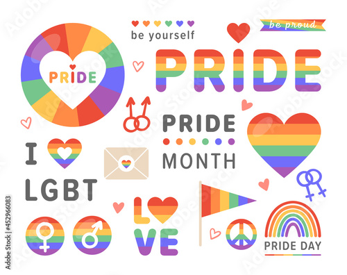 Pride LGBT icon. Vector set of LGBTQ stickers doodles with heart, rainbow, love, pride flag, gender and peace for gay community. National Freedom to Marry Day, pride month. Human rights and tolerance