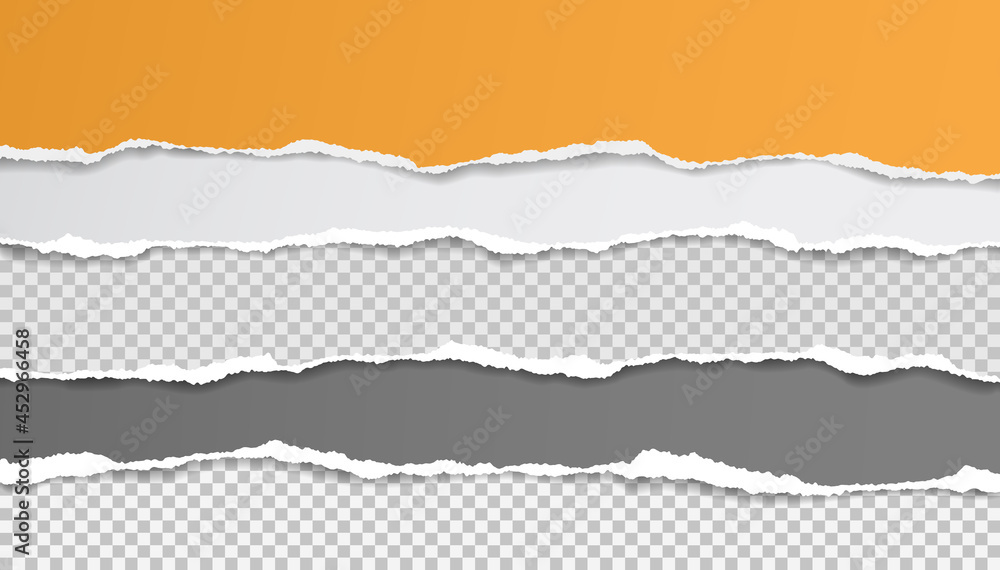 Torn, ripped yellow, grey and white paper strips with soft shadow are for text. Vector illustration