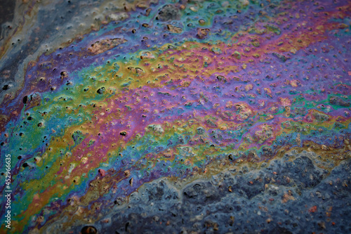 Oil stain on Asphalt, color Gasoline fuel spots on Asphalt Road as Texture or Background